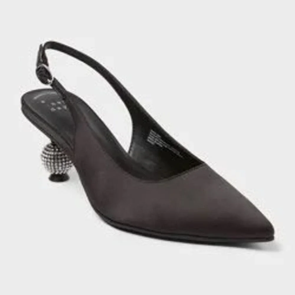 A New Day Womens Black Satin Slingback Rhinestone Ball Heel Pumps Size 6 NEW‎